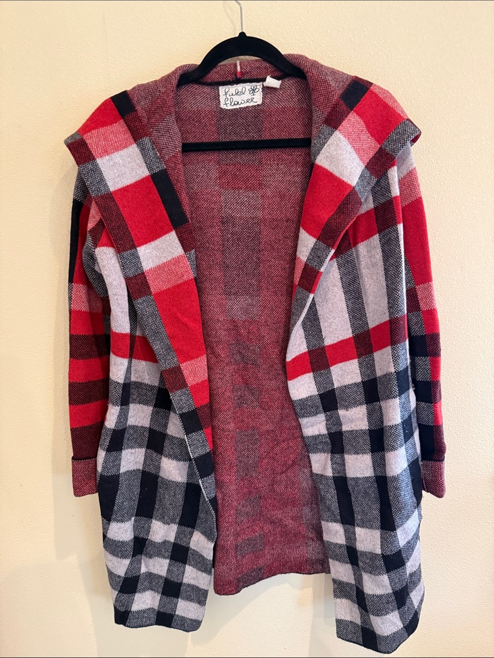100% Wool Red Plaid Hooded Coatigan -